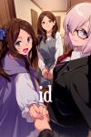  3girls blue_eyes blush breasts brown_hair echo_(circa) fate/grand_order fate_(series) glasses holding_hands large_breasts leonardo_da_vinci_(fate) leonardo_da_vinci_(rider)_(fate) long_hair long_sleeves looking_at_viewer mash_kyrielight multiple_girls open_mouth parted_bangs pink_hair pov short_hair small_breasts smile violet_eyes 