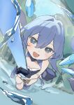  1girl :d absurdres ahoge blue_dress blue_eyes blue_hair dress highres holding holding_sword holding_weapon honkai_(series) honkai_impact_3rd long_hair looking_at_viewer open_mouth roena smile solo sword water&#039;s_edge weapon 