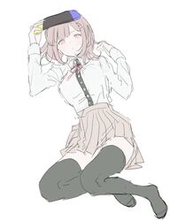  1girl black_shirt black_thighhighs brown_skirt collared_shirt danganronpa_(series) danganronpa_2:_goodbye_despair handheld_game_console highres holding holding_handheld_game_console long_sleeves miniskirt nanami_chiaki neck_ribbon no_jacket no_shoes pink_ribbon pleated_skirt ribbon shirt shirt_tucked_in skirt solo thigh-highs two-tone_shirt unfinished white_shirt yuuli_(tuna221022) 