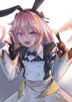  1boy absurdres astolfo_(fate) astolfo_(saber)_(fate) astolfo_(saber)_(third_ascension)_(fate) black_bow black_bowtie black_gloves black_ribbon blush bow bowtie double_v dress fate/grand_order fate_(series) gloves hair_bow hair_intakes highres juliet_sleeves long_hair long_sleeves looking_at_viewer low_twintails male_focus multicolored_hair nanado27_7 otoko_no_ko pink_hair puffy_sleeves ribbon smile solo streaked_hair twintails v violet_eyes white_hair wing_collar 
