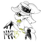  1girl black_gloves character_name cheesecakes_by_lynx closed_mouth coat eyelashes from_side gloves inkling looking_at_viewer marie_(splatoon) partially_colored pointy_ears smile solo splatoon_(series) splatoon_3 tentacle_hair white_background white_coat yellow_eyes 