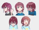  1girl angry black_shirt blue_eyes blue_shirt closed_eyes closed_mouth collared_shirt commentary expressions gganchan girls_band_cry grey_background iseri_nina laughing multiple_views open_mouth parted_lips pinky_out redhead shaded_face shirt short_twintails simple_background smile twintails upper_body v-shaped_eyebrows 
