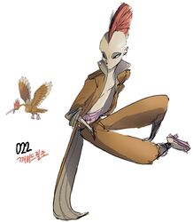  1boy bare_pectorals black_eyes brown_coat brown_pants coat earrings fearow full_body hand_in_pocket jewelry knee_up long_sleeves looking_to_the_side male_focus mohawk pants pectorals personification pokemon pokemon_(creature) reference_inset sandals simple_background sitting tamtamdi translated white_background zouri 