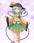  1girl :d arm_at_side black_hat blush bow bright_pupils buttons cato_(monocatienus) clenched_hand commentary diamond_button feet_out_of_frame frilled_shirt_collar frills green_eyes green_hair green_skirt hair_between_eyes hand_up happy hat hat_bow heart heart_background heart_of_string highres koishi_day komeiji_koishi long_sleeves medium_hair open_mouth pink_background shirt simple_background skirt smile solo standing straight-on tareme third_eye touhou white_pupils wide_sleeves yellow_bow yellow_shirt 