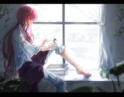  1girl amane_(rain_downpour) barefoot blue_eyes blurry blurry_background blurry_foreground book book_on_lap book_stack curtains fishnet_gloves fishnets foot_out_of_frame from_side gloves indoors knees_up leg_up long_hair long_sleeves miniskirt open_book pants pants_under_skirt plant profile puffy_long_sleeves puffy_sleeves reading red_skirt redhead reverse:1999 shirt sitting_in_window skirt sky solo wavy_hair white_gloves white_pants white_shirt white_sky window yenisei_(reverse:1999) 