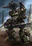 armored_trooper artist_logo blurry blurry_background commentary commission dust_cloud english_commentary full_body glint gun highres holding holding_gun holding_weapon lens_flare mecha mecha_focus no_humans pile_bunker porukima redesign robot rocket_launcher science_fiction scopedog shoulder_cannon solo soukou_kihei_votoms standing weapon