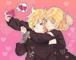  1boy 1girl ;p ahoge bandaid bandaid_on_face blonde_hair bon_bon_eee brown_sweater cellphone commentary gradient_background green_eyes green_nails hair_ornament hairclip heart heart_background highres holding holding_phone hug kagamine_len kagamine_rin long_sleeves nail_polish off-shoulder_sweater off_shoulder one_eye_closed one_side_up outline phone pink_background red_outline scrunchie selfie short_hair sidelocks smartphone smile speech_bubble sweater swept_bangs symbol-only_commentary taking_picture tongue tongue_out upper_body vocaloid white_outline wide_sleeves 