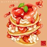  artist_logo food food_focus fruit highres no_humans original pancake strawberry strawberry_syrup yuki00yo 