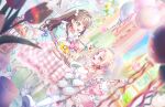  2girls :&lt; :d animal_slippers aqua_dress balloon bandaid bandaid_hair_ornament blonde_hair blue_eyes blue_hair blurry blurry_foreground brown_hair cherry choker collarbone dress dutch_angle eye_contact fang feeding food fork frilled_sailor_collar frilled_socks frills fruit fujishima_megumi game_cg gradient_hair hair_ornament hair_ribbon hakuchu_a_la_mode heart_o-ring heart_ring_choker highres holding holding_fork holding_spoon indoors kneehighs light_blue_hair link!_like!_love_live! long_hair long_sleeves looking_at_another love_live! marshmallow medium_dress mira-cra_park! multicolored_hair multiple_girls official_art on_chair open_mouth osawa_rurino pink_choker pink_dress pudding puffy_long_sleeves puffy_short_sleeves puffy_sleeves ribbon sailor_collar short_sleeves sitting slippers smile socks spoon stuffed_animal stuffed_rabbit stuffed_toy table third-party_source twintails two_side_up violet_eyes virtual_youtuber white_ribbon white_sailor_collar white_socks x_x 