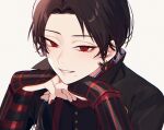  1boy black_hair chromatic_aberration earrings grin hair_over_shoulder head_on_hand head_rest jewelry kashuu_kiyomitsu long_hair looking_at_viewer male_focus mole mole_under_mouth nail_polish ponytail red_eyes red_nails simple_background smile solo touken_ranbu upper_body white_background yamada_chickenko 