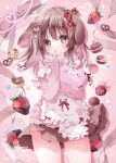  1girl animal_ears apron blush bow brown_hair cupcake dog_ears finger_to_mouth food frills fruit hair_ornament heart heart_hair_ornament highres long_sleeves moco_ofuton original pink_eyes pleated_skirt rabbit_ears ribbon skirt solo strawberry valentine white_apron 