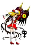  1girl blonde_hair colored_sclera corruption crossover dark_persona dress flandre_scarlet green_eyes hat heart looking_at_viewer looking_back majora_(entity) nintendo possessed red_eyes red_shorts shoes short_hair shorts socks standing takehumi the_legend_of_zelda the_legend_of_zelda:_majora&#039;s_mask thigh-highs touhou white_socks wings yellow_sclera 