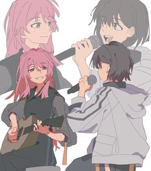  2girls absurdres acoustic_guitar bang_dream! bang_dream!_it&#039;s_mygo!!!!! black_dress chihaya_anon commentary_request dress grey_eyes grey_hair grey_jacket guitar highres holding holding_microphone instrument jacket long_hair long_sleeves looking_at_another microphone multiple_girls music open_mouth orange_eyes pink_hair playing_guitar projected_inset short_hair silencever727 simple_background singing sitting smile takamatsu_tomori white_background 