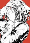  1girl collared_shirt covering_own_mouth greyscale_with_colored_background hair_over_one_eye hair_ribbon hand_on_own_forehead hands_on_own_face highres looking_at_viewer medium_hair one_eye_covered red_background ribbon rumia shirt simple_background solo touhou upper_body yamazaki_tsukune 