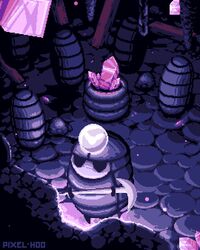  animated animated_gif artist_name chain crystal glowing highres hollow_knight indoors mining myla_(hollow_knight) orb pixel_art pixelhoo purple_theme standing 