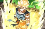  1boy aka_nobodyy aura battle_damage blonde_hair blood blood_on_face blue_shirt blurry blurry_background clenched_hands clenched_teeth dragon_ball dragon_ball_z from_above goku_day green_eyes highres injury looking_at_viewer looking_up male_focus muscular muscular_male orange_pants pants shirt son_goku spiky_hair standing super_saiyan super_saiyan_1 teeth torn_clothes torn_pants torn_shirt twitter_username 