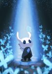  1other black_eyes black_skin blank_eyes blue_butterfly bug butterfly butterfly_on_head butterfly_on_horn colored_skin full_body glowing_butterfly grey_cloak highres hollow_knight horns idass_(idass16) knight_(hollow_knight) nail_(hollow_knight) solo standing sword sword_on_back weapon weapon_on_back 