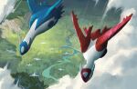  blue_wings bly_mead clouds dragon flying grass highres latias latios midair no_humans pokemon pokemon_(creature) red_eyes red_wings wings wingull yellow_eyes 