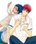  2boys aomine_daiki blue_eyes blue_hair blue_pants book chain chain_necklace closed_mouth collared_shirt feet_out_of_frame grass highres holding holding_book holding_pencil jewelry kagami_taiga kuroko_no_basuke leaning_on_person looking_at_another male_focus multiple_boys necklace open_clothes open_mouth open_shirt pants pencil red_eyes redhead shirt sitting sweatdrop tan teeth white_background white_shirt yuuto_(sky_cloister) 