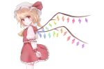  1girl absurdres ascot blonde_hair blood blood_on_face chalc0 cowboy_shot crystal_wings flandre_scarlet from_side hat hat_ribbon highres puffy_short_sleeves puffy_sleeves red_eyes red_ribbon ribbon short_hair short_sleeves side_ponytail simple_background solo touhou white_background white_mob_cap wrist_cuffs yellow_ascot 