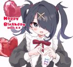  1girl :d ame-chan_(needy_girl_overdose) balloon black_eyes black_hair blue_bow blush bow dated hair_ornament hair_over_one_eye hands_up happy_birthday heart heart_balloon heart_hands kabe_(zp66104) long_hair long_sleeves looking_at_viewer neck_ribbon needy_girl_overdose open_mouth pink_bow puffy_long_sleeves puffy_sleeves purple_bow red_ribbon ribbon smile solo twintails upper_body white_background x_hair_ornament 
