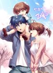  1boy 2girls absurdres antenna_hair blue_eyes blue_hair brown_eyes brown_hair cherry_blossoms clannad closed_eyes couple family furukawa_nagisa hair_ornament highres husband_and_wife long_sleeves multiple_girls okazaki_tomoya okazaki_ushio open_mouth parent_and_child ribbon short_hair smile spring_(season) zen_(kamuro) 