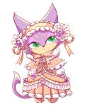  animal animal_focus cat closed_mouth clothed_animal dress flower full_body green_eyes hairband lolita_fashion lolita_hairband looking_to_the_side no_humans pink_dress pink_ribbon pokemon purple_flower purple_rose purrloin ribbon rose shinkichi simple_background solo standing white_background 