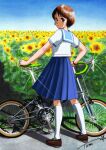  1girl bicycle blue_sailor_collar blue_skirt brown_eyes brown_footwear brown_hair chutohampa field flower flower_field from_behind full_body highres kneehighs loafers looking_at_viewer original outdoors pleated_skirt sailor_collar school_uniform serafuku shirt shoes short_hair signature skirt socks solo sparkle standing sunflower sunflower_field white_shirt white_socks 