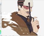  1boy art_program_in_frame blue_jacket borchardt_c-93 brown_coat buttons coat facial_hair golden_kamuy gun handgun holding holding_gun holding_weapon jacket long_sleeves looking_at_viewer male_focus mustache open_mouth sa0429sa simple_background smile solo tsurumi_tokushirou upper_body weapon white_background 