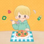  1boy bell_pepper bell_pepper_slice blonde_hair blue_hoodie blush dot_nose eating food food_art fork holding holding_fork hood hood_down hoodie licking_lips long_sleeves lowres male_focus original pasta salt_shaker solid_oval_eyes solo spaghetti sunakuraiori tablecloth tako-san_wiener tongue tongue_out 