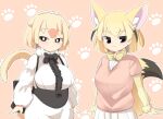  2girls animal_ear_fluff animal_ears black_bow black_bowtie blonde_hair blush bow bowtie breasts brown_eyes cardigan center_frills closed_mouth collared_shirt colored_skin commentary_request cowboy_shot fennec_(kemono_friends) fox_ears fox_tail frills hair_bow kemono_friends large_breasts lets0020 looking_at_viewer medium_bangs multicolored_hair multiple_girls paw_print paw_print_background pink_background pink_cardigan shirt short_hair silky_anteater_(kemono_friends) smile tail white_bow white_shirt white_skin yellow_bow yellow_bowtie 