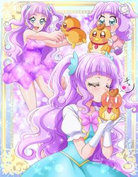  1girl animal aqua_eyes bird blue_dress blue_scrunchie blush bow bowtie child closed_eyes commentary dated dress ellee-chan gloves hair_ornament hair_scrunchie hanzou heart highres hirogaru_sky!_precure holding holding_animal kiss multiple_views precure puffy_short_sleeves puffy_sleeves purple_bow purple_bowtie purple_dress purple_hair scrunchie short_dress short_sleeves sleeveless sleeveless_dress standing twitter_username two_side_up white_gloves yuunagi_tsubasa yuunagi_tsubasa_(bird) 