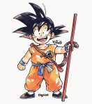  1boy arms_at_sides bare_arms black_eyes black_footwear black_hair black_outline blue_sash blue_wristband child clenched_hands clothes_writing collarbone dot_nose dougi dragon_ball dragon_ball_(classic) fingernails flats full_body goku_day grin happy highres holding holding_weapon legs_apart male_focus obi open_mouth orange_pants outline pants rope ruyi_jingu_bang sash sepia sheath shoes simple_background smile socks son_goku spiky_hair standing tareme teeth tkgsize tongue twitter_username weapon white_background white_socks wristband 