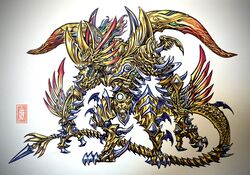  1boy amemiya_keita arm_blade armor claws concept_art creature_request dragon_horns full_body garo garo_(series) gold_armor highres horns long_hair long_tail lost_soul_beast_garo mini_wings official_art open_mouth orange_eyes sharp_teeth sharp_toenails solo tail teeth toenails very_long_tail weapon wings 