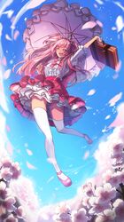 1girl absurdres bow cherry_blossom_cookie cherry_blossoms cookie_run flower highres holding humanization kuro_(ning2763) long_hair long_sleeves open_mouth parasol petals pink_eyes pink_hair pink_skirt pink_theme pink_umbrella puffy_sleeves skirt smile solo two_side_up umbrella 