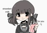 1girl :3 black_eyes black_hair collar english_text female glass gothic hair_ornament happy holding_cup looking_at_viewer low_twintails milk reaching_out smile snale solo spiked_collar strawberry_milk twintails white_background