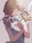  1girl blonde_hair braid closed_eyes closed_mouth dress flower grey_background hair_ribbon hida_kaka highres holding holding_flower long_hair original ribbon simple_background sleeveless sleeveless_dress smile solo sparkle upper_body white_dress white_flower white_ribbon 