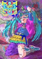  1girl absurdres arm_over_head arms_up asymmetrical_clothes bandaid bandaid_on_face bandaid_on_leg bandaid_on_nose bead_necklace beads belt blue_belt blue_hair blue_shirt bracelet closed_mouth collared_shirt decora frilled_skirt frills full_body graffiti green_skirt hair_ornament hair_ribbon hairclip highres jewelry kneehighs kneeling layered_shirt layered_skirt layered_sleeves long_hair long_sleeves looking_at_viewer miniskirt multicolored_nails multiple_bracelets multiple_rings necklace open_clothes open_shirt original pants pants_under_skirt patterned_clothing pink_shirt purple_pants purple_pupils rainbow_hair_ornament red_ribbon ribbon ring shirt shirt_tucked_in shoes short_over_long_sleeves short_sleeves single_pantsleg skirt sneakers socks solo sticker_on_face striped_clothes striped_socks tongue tongue_out too_many_hair_ornaments twintails vico_(bibico) yellow_eyes yellow_skirt 