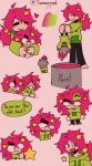 adorable anet_(unknownspy) dialogue_box doodles fluffy_hair green_hoodie hair_decorations messy_hair object_head paint pink_hair ponytail stars toeless_legwear unknownspy unknownspy