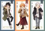  ahoge black_coat black_footwear black_pants boots brown_jacket coat dress emma_(yakusoku_no_neverland) full_body green_coat green_eyes grey_pants hands_in_pockets jacket long_sleeves norman_(yakusoku_no_neverland) open_mouth orange_hair pants ray_(yakusoku_no_neverland) red_dress sapphire_(nine) scarf shirt shoes short_hair smile white_scarf white_shirt yakusoku_no_neverland 