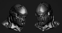  1other 3d amarr_empire_(eve_online) ambiguous_gender commentary concept_art dust_514 eve_online greyscale helmet highres monochrome multiple_views portrait profile realistic science_fiction undoz zbrush_(medium) 