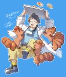  1boy :d arms_up blue_background blue_shirt closed_eyes coat commentary_request facial_hair glasses happy highres holding holding_tray male_focus neroli_(pokemon) open_clothes open_coat open_mouth outline pants pokemon pokemon_(creature) pokemon_sleep ribbed_socks shigeru_(tezx2228) shirt shoes smile socks stubble teeth tray upper_teeth_only vulpix white_coat yellow_pants yellow_socks 