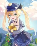  1girl :d blue_hat blue_skirt clouds cowboy_shot day dokibird_(vtuber) fingerless_gloves gloves green_eyes grey_jacket hat highres holding holding_trophy indie_virtual_youtuber jacket long_hair long_sleeves looking_at_viewer monoupa open_mouth outdoors skirt smile solo tomato trophy twintails virtual_youtuber 