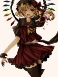  1girl ascot black_thighhighs blonde_hair blood blood_on_hands crystal_wings dress flandre_scarlet frilled_dress frills gomabu_(rirurutennsi) hat looking_at_viewer mob_cap red_eyes simple_background solo thigh-highs touhou white_background wrist_cuffs yellow_ascot 