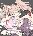  2girls :d bear_hair_ornament black_shirt blonde_hair blush breasts danganronpa:_trigger_happy_havoc danganronpa_(series) danganronpa_2:_goodbye_despair enoshima_junko hair_ornament heart large_breasts long_hair lying migi_(user_juhu3444) miniskirt multiple_girls nail_polish on_back pink_shirt pleated_skirt red_nails red_skirt shirt skirt smile tsumiki_mikan twintails white_shirt 