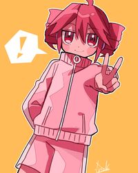  ! 1girl ahoge blush_stickers drill_hair high_collar jacket kasane_teto long_sleeves looking_at_viewer pink_hair red_eyes shorts smile solo spoken_exclamation_mark track_jacket track_suit twin_drills utau v yellow_background yuusuke-kun 
