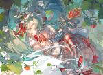  1girl apron aqua_eyes aqua_hair argyle_clothes argyle_sleeves artist_name bare_shoulders big_hair bow closed_mouth clothing_cutout commentary cowboy_shot dress flower food frilled_dress frilled_hairband frilled_sleeves frills fruit hair_between_eyes hair_flower hair_ornament hair_ribbon hairband hatsune_miku heart highres holding holding_heart key leaf light_frown lolita_hairband long_dress long_hair long_sleeves looking_at_viewer lying nonhaaa on_back plaid plaid_apron plant puffy_long_sleeves puffy_sleeves red_apron red_bow red_hairband red_ribbon ribbon rock shoulder_cutout single_strap sleeve_ribbon solo strawberry strawberry_miku_(morikura) striped_ribbon symbol-only_commentary twintails vines vocaloid white_dress white_flower white_ribbon 