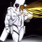  1boy 1girl absurdly_long_hair armored_core astronaut blonde_hair bodysuit bow brown_hair carrying carrying_person character_request colored_inner_hair commentary dark-skinned_female dark_skin dreadlocks english_commentary exposed_bone forehead glowing glowing_hair hair_bow heart heart-shaped_pupils helmet highres knees_to_chest kyou_(ningiou) long_hair looking_at_viewer multicolored_hair muscular muscular_male nasa_logo open_mouth red_eyes space space_helmet symbol-shaped_pupils very_dark_skin very_long_hair white_bodysuit white_bow 