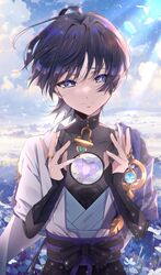  1boy 5656hayururi anemo_symbol_(genshin_impact) armor belt black_belt black_bodysuit black_bow black_hair black_sash blue_cape blue_sky blunt_ends blush bodysuit bow bridal_gauntlets cape clouds cloudy_sky collarbone cowlick crystal crystal_eye feathers flower genshin_impact gold gold_ring grass hair_intakes hands_up heart highres hole_in_chest hole_on_body japanese_armor japanese_clothes jewelry kimono kote kurokote layered_clothes layered_kimono looking_at_viewer loose_hair_strand male_focus mandarin_collar middle_ring on_grass open_clothes open_hands open_kimono purple_rope purple_sash ring rope sash scaramouche_(genshin_impact) short_sleeves shoulder_peek sky smile solo violet_eyes vision_(genshin_impact) wanderer_(genshin_impact) white_flower white_kimono white_sleeves 