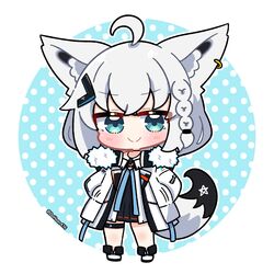  1girl ahoge animal_ear_fluff animal_ears artist_name black_dress blush braid chibi commentary_request dog_tags dohoon dress earrings fox_ears fox_girl fox_tail green_eyes hair_between_eyes hair_ornament hairclip hands_in_pockets highres hololive jacket jewelry long_hair looking_at_viewer pentagram shirakami_fubuki shirakami_fubuki_(fubukitek) sidelocks simple_background single_braid smile solo tail virtual_youtuber white_background white_hair white_jacket 